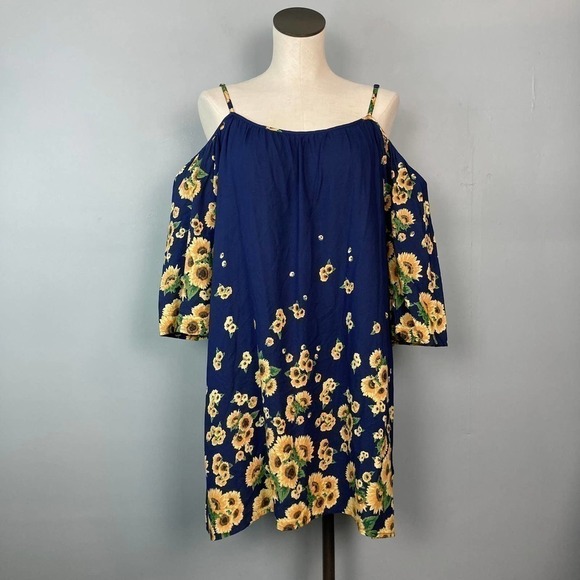 𝅺en Crème Sunflower Print Cold Shoulder 3/4 Sleeve Blue Dress Size S Boho Flowy - Picture 1 of 11